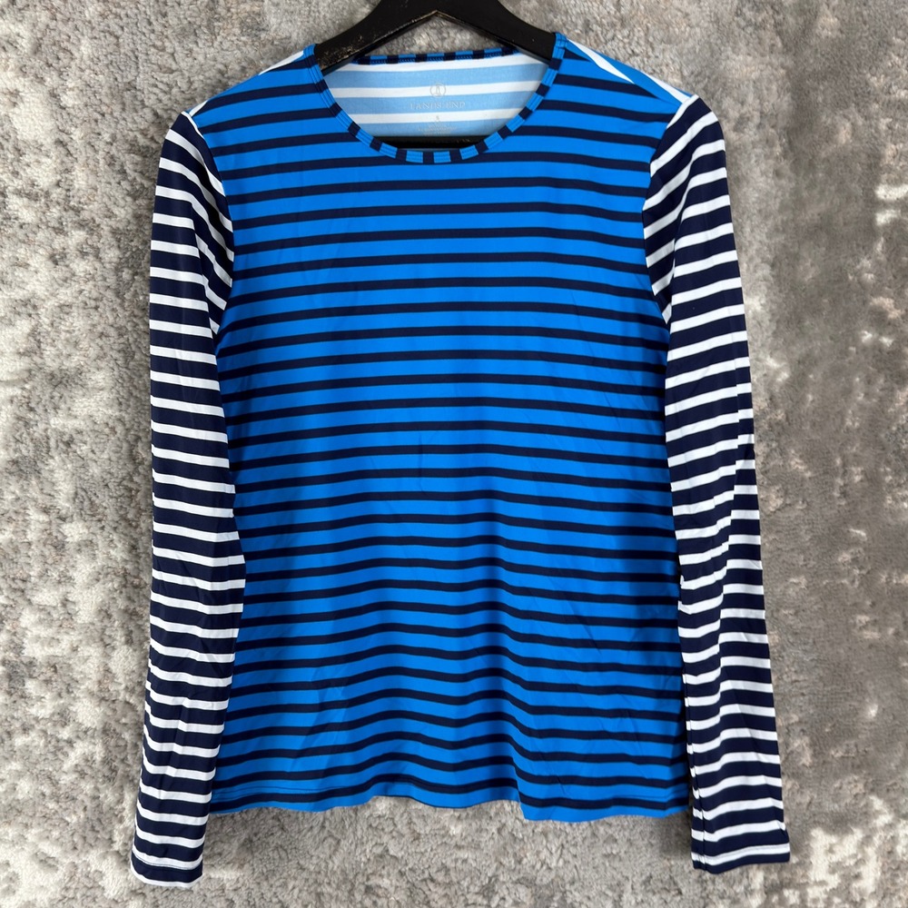 Lands' End Size S Striped Crew Neck Long Sleeve Rash Guard Swim Top Blue Women